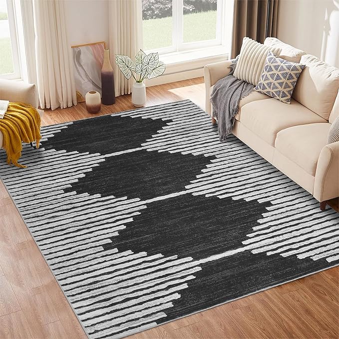 HelloTree Area Rug for Living Room 6x9 Washable Geometric Moroccan Rug Stripe Farmhouse Bohemian Minimalistic Non Slip Non Shedding Ultra Thin Soft Rug for Bedroom Office DiningRoom Nursery-Black