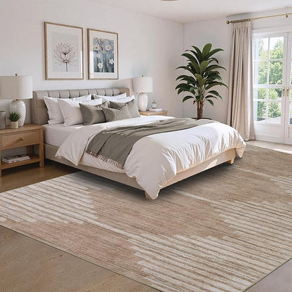 HelloTree Area Rug for Living Room 9x12 Washable Geometric Moroccan Rug Stripe Farmhouse Bohemian Non Slip Non Shedding Ultra Thin Soft Rug for Bedroom Office DiningRoom Nursery-Pink&Khaki
