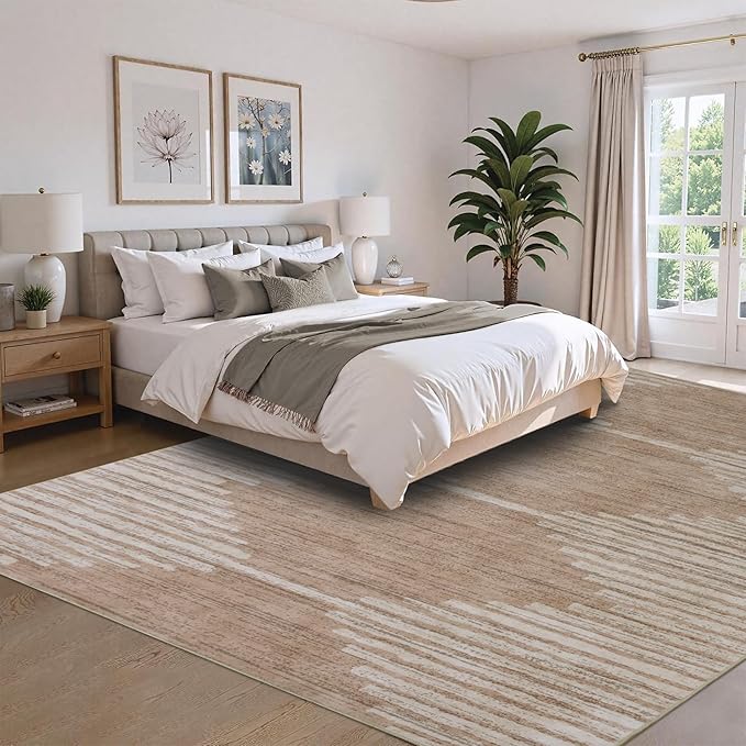 HelloTree Area Rug for Living Room 8x10 Washable Geometric Rug Stripe Farmhouse Bohemian Minimalistic Non Slip Non Shedding Ultra Thin Soft Rug for Bedroom Office DiningRoom Nursery-Pink&Khaki