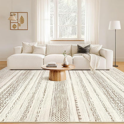 Nakagishi 9x12 Area Rug Living Room: Washable Boho Large Neutral Modern Soft Farmhouse Rugs Stain Resistant Indoor Floor Non-Slip Carpet for Bedroom Nursery Kids Playroom Office Dining Room- Brown