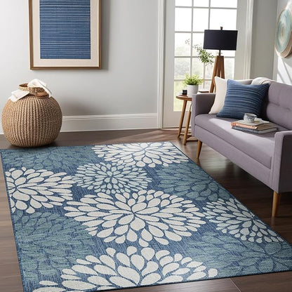 Beverly Rug Outdoor Rug 9x12 Modern Exotic Tropical Leaf Area Rugs for Indoor and Outdoor Patio Deck Porch Garden Water Resistant Washable Outside Carpet (9 x 12 Blue)