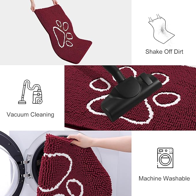 Smiry Dog Door Mat for Muddy Paws, Absorbent Dirt Trapper Non Slip Quick Dry Washable Chenille Mat for Mud Dogs, Entry Rug for Indoor and Outdoor (70x24 Inches, Burgundy and White)