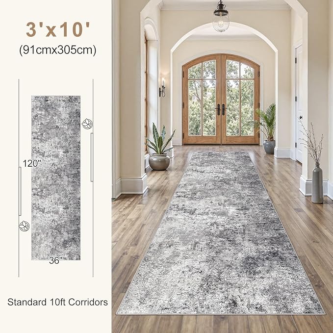 3X10 Washable Runner Rug for Hallway: Soft Neutral Modern Abstract Area Rug - Non-Slip Low Pile Long Throw Indoor Carpet for Kitchen Entryway Kitchen Bedroom Laundry - Grey