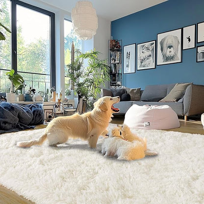 Cream White Plush Rug for Living Room Fuzzy Carpet for Bedroom Dorm, Non-Slip High Pile Rug, Shag Rug for Playroom Nursery Home Office Decor 6X9 Ft