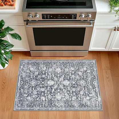 KILOCOCO Moroccan Small Area Rug 2x3 Entryway Rugs Printed Vintage Floral Washable Rug Non-Slip Kitchen Rug Indoor Door Mat, Accent Throw Small Rugs for Laundry Room Bedroom Entrance, Grey