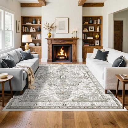 U'Artlines Boho Vintage Area Rug 8x10 Machine Washable Low Pile Soft Floor Carpet Non Slip Non Shedding Accent Rug for Living Room Bedroom Entryway Dining Room Office Grey Taupe