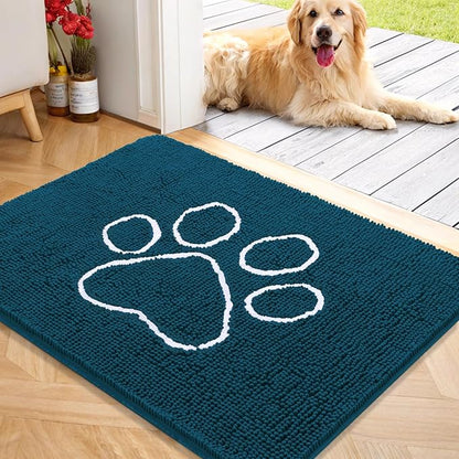 OLANLY Dog Door Mat for Muddy Paws 40x32, Paw Print Design, Absorbs Moisture and Dirt, Absorbent Non-Slip Washable Doormat, Quick Dry Chenille Mud Mat, Entry Indoor Entryway Carpet, Atlantic Blue
