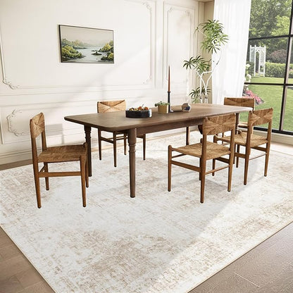 Area Rug 9x12 Washable Rug, Vintage Boho Medallion Rugs Non-Slip Soft Low Pile Large Distressed Rug Indoor Retro Carpet for Living Room Bedroom Dining Room Home Office (Beige, 9'x12')