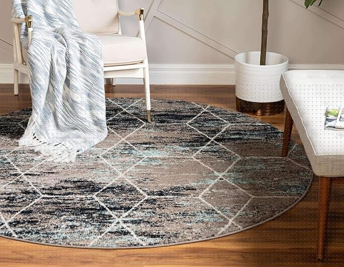 Unique Loom Trellis Frieze Collection Area Rug - Geometric (5' Round, Blue Multi/ Ivory)