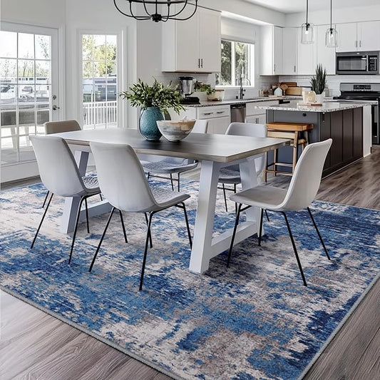 Washable Area Rugs Square 8ft Non-Slip Modern Abstract Soft for Living Room Entryway Bedroom Nursery, Print Pattern, Blue Grey Navy Gray