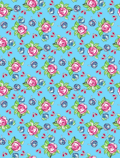 Vintage Floral Area Rug Pink Roses Blue Blooms on Sky Blue Background Romantic Cottage Core Carpet for Living Room Bedroom Dining Room Kitchen Home Office Washable Non Slip Thin Mat 2x3