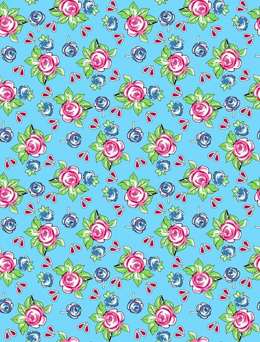 Vintage Floral Area Rug Pink Roses Blue Blooms on Sky Blue Background Romantic Cottage Core Carpet for Living Room Bedroom Dining Room Kitchen Home Office Washable Non Slip Thin Mat 4x6