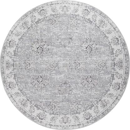 jinchan Fiora Round Rug 5ft Area Rugs Vintage Floral Distressed Design - Machine Washable Non-Slip Low-Pile Ultra-Thin Circle Rug for Entryway Bedside Living Room Dining Room Bedroom (5' Round, Grey)