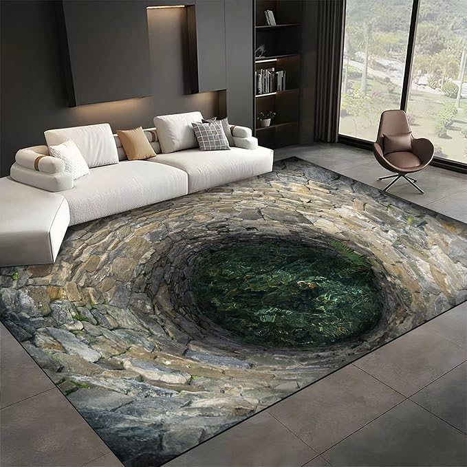 3D Hole Area Rug for Bedroom, 5x8ft, Visual Illusion Stone Cave Trap Design Home Decorative Rugs, Breathable Anti Skid Dirty Resistant Washable Soft Large Carpets for Family Indoor