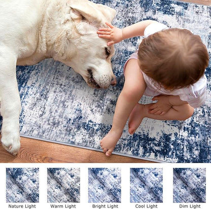 Modern Abstract Hallway Runner Rug, Grey Navy Blue Multi 2x8 Runner Rug, Washable Kitchen Runner Non-Slip Soft Thin Print Faux Wool Carpet for Entryway Bedroom Laundry Room Indoor
