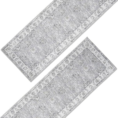 jinchan Fiora Runner Rug 3x8-2pcs Kitchen Washable Vintage Rug Hallway Rug Floral Print Floor Cover Indoor Thin Retro Mat Accent for Bathroom Laundry Room Bedroom Office Farmhouse (Double,Grey)