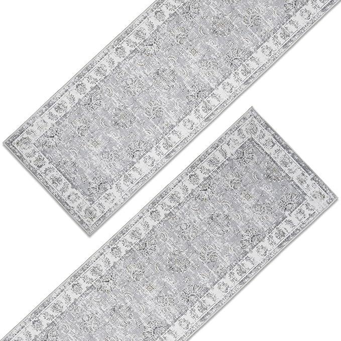 jinchan Fiora Runner Rug 3x10-2pcs Kitchen Washable Vintage Hallway Rug Floral Print Floor Cover Indoor Thin Retro Mat Accent for Bathroom Laundry Room Bedroom Office Farmhouse (Double, Grey)