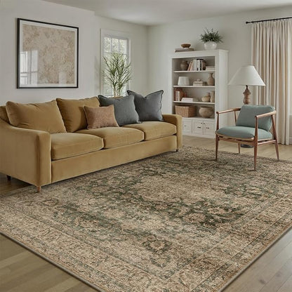 6x9 Washable Vintage Area Rug Green Brown Living Room Bedroom Carpet Non-Slip Soft Low Pile Distressed Indoor Throw Rug for Dining Room Entryway Office