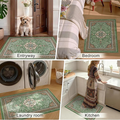 2' x 3' Green Washable Area Rugs, Non-Slip Entryway Rug, Boho Low Pile Door Mat Indoor Entrance, Floral Medallion Pattern Vintage Rugs for Kitchen Bedroom Bathroom Laundry Living Room Farmhouse