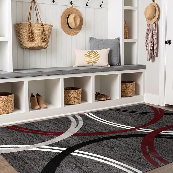 Rugshop Modern Wavy Circles Design Non-Shedding Area Rug, Carpet for Living Room, Dining Room, or Bedroom, Red, 5'3" x 7'3"