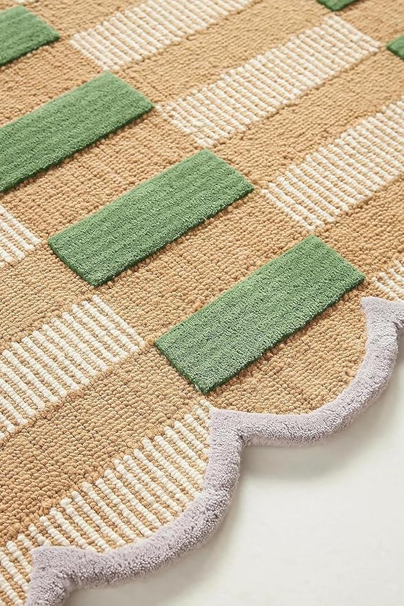 Hand-Tufted Wool Rug with Scalloped Edges, Light Blue Plaid Pattern, Cozy Soft Area Rug for Living Room, Bedroom, and Nursery, Handmade Modern Accent Rug (Green, 6X8 FEET)