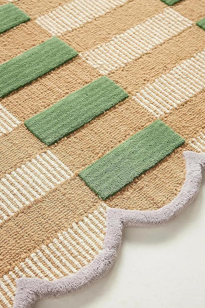 Hand-Tufted Wool Rug with Scalloped Edges, Light Blue Plaid Pattern, Cozy Soft Area Rug for Living Room, Bedroom, and Nursery, Handmade Modern Accent Rug (Green, 9X12 FEET)
