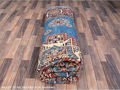 Cerulean Blue Special Kazak with All Over Pattern Natural Dyes Pure Wool Hand Knotted Oriental Densely Woven Rug(9'x11'8")