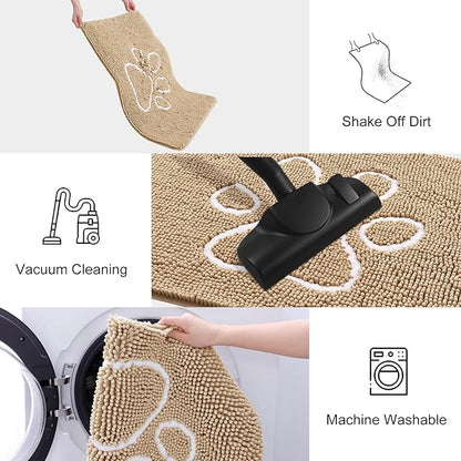 Smiry Dog Door Mat for Muddy Paws, Absorbent Dirt Trapper Non Slip Quick Dry Washable Chenille Mat for Mud Dogs, Entry Rug for Indoor and Outdoor (24x16 Inches, Beige and White)