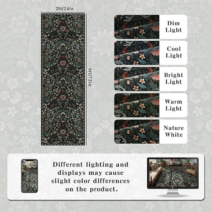 2x6 Washable Runner Rug,Black Floral Boho Area Rug for Hallway,Low-Pile Non-Slip Stain Resistant Carpet for Kitchen, Bedside,Laundry Room,Entryway
