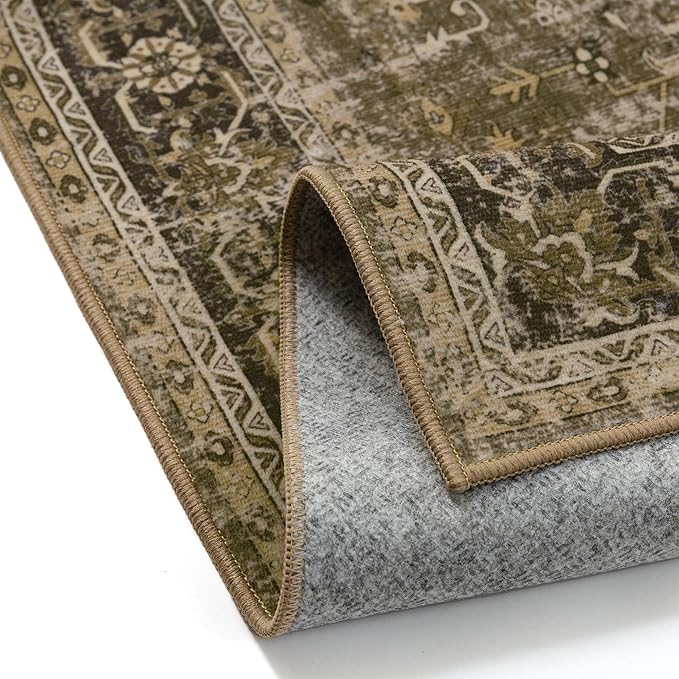 8x10 Washable Area Rug Brown Vintage Distressed Large Rug for Living Room Oriental Soft Thin Indoor Retro Carpet Non Slip Low Pile Floor Cover for Bedroom Dining Room Office Nursery