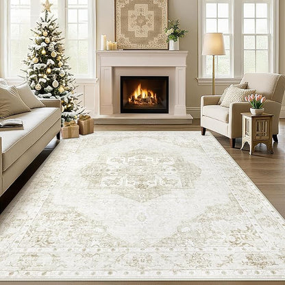 6x9 Area Rugs Washable Rugs for Living Room, Vintage Boho Rug Non-Slip Soft Floral Distressed Rug Low Pile Stain Resistant Carpet for Bedroom Nursery Office Dining Room Farmhouse Dorm(Beige, 6'x9')