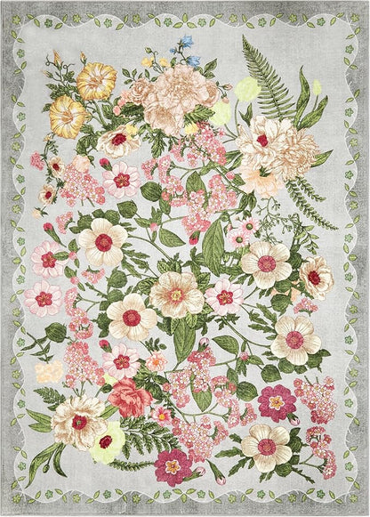 Floral Washable 5x7 Area Rugs - Living Room Rug Non Slip Low Pile Stain Resistant Carpets Indoor Vintage Flower Print Rug for Bedroom Dining Room Kitchen Home Office, Grey