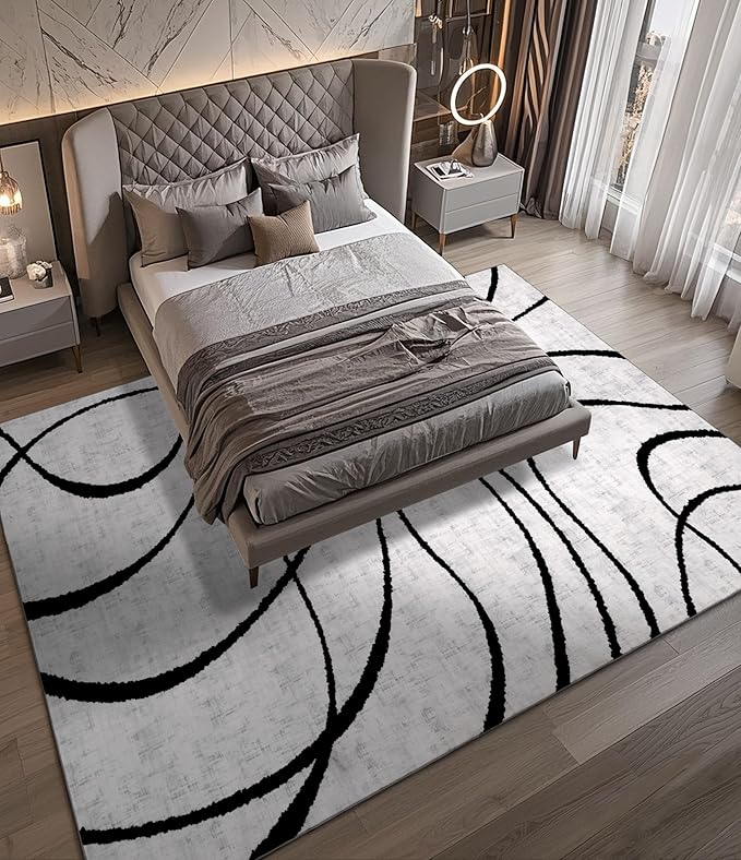 YIHOUSE Modern Rugs for Living Room, 8x10 Washable Black and White Area Rug, Thin Abstract Geometric Striped Rug, Area Rug for Bedroom,Kitchen,Dining Room,Office