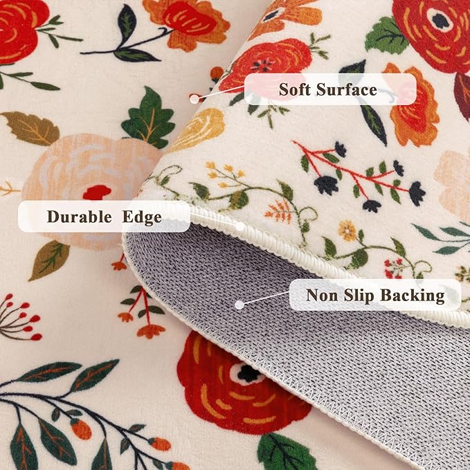 U'Artlines 2' x 8' Colorful Floral Runner Rug for Hallways Kitchen Soft Non Slip Washable Floor Carpet Runners for Entryway Laundry Room Bathroom Beige