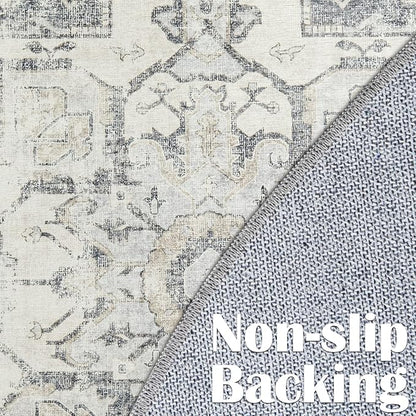 jinchan Kelda Round Rug 4ft Washable Area Rug Indoor Vintage Floor Cover Distressed Circle Mat 4' Round Lightweight Non Slip Low Pile Thin Carpet for Entryway Kitchen Living Room Bedroom Grey