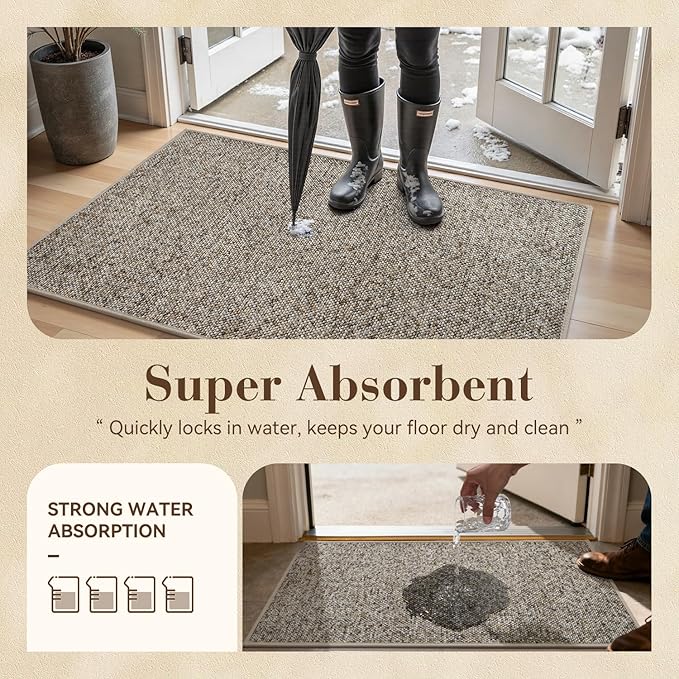 MontVoo Door Mat Indoor Entrance Doormat, Absorbent Durable Rubber Non Slip Front Door Mat for Inside Entry Entryway Dirt Trapper Welcome Mat, Grey Brown 24''x36''