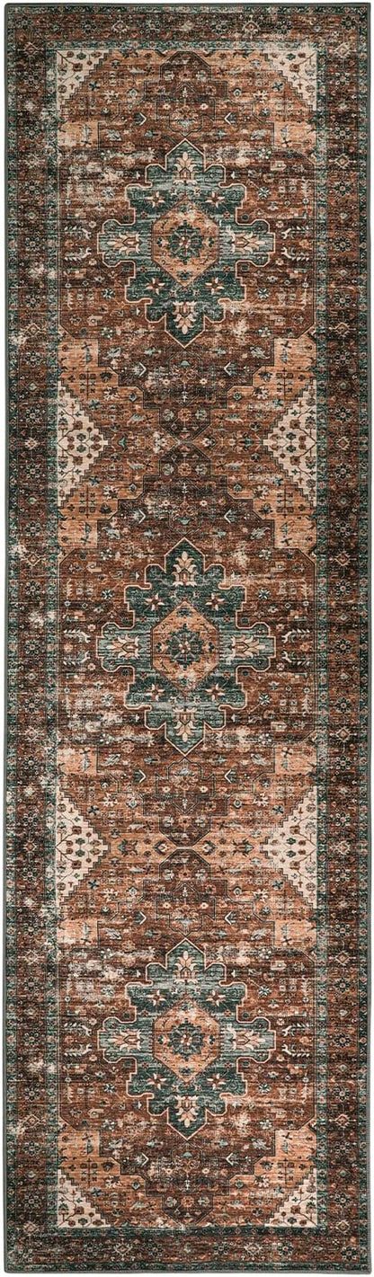 Moynesa Ultra-Thin Washable Runner Rug - 2x7 Kitchen Runner Stain Resistant Hallway Mat, Non-Slip Non-Shedding Bathroom Laundry Carpet Runner for Front Door Bedside Camper, Brick Red/Dull Teal