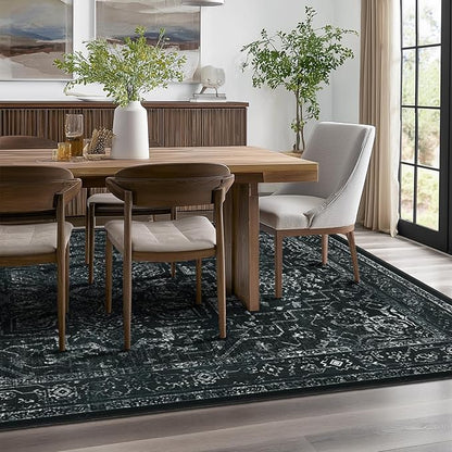 Black Vintage Distressed 8x10 Area Rugs for Living Room, Washable Non Slip Bedroom Rugs Under Bed Faux Wool Soft, Dark Medallion Pinted Thin Carpet for Dining Room Home Office