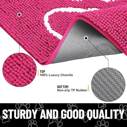 Smiry Dog Door Mat for Muddy Paws, Absorbent Dirt Trapper Non Slip Quick Dry Washable Chenille Mat for Mud Dogs, Entry Rug for Indoor and Outdoor (36x24 Inches, Hot Pink and White)