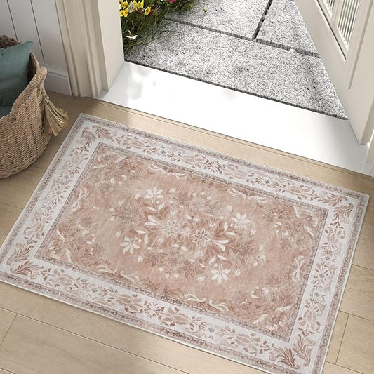 jinchan Floral 2x3 Rugs for Entryway - Vintage Washable Area Rug Ultra-Thin Low Pile Soft Small Non Slip Distressed Indoor Door mat Accent for Entrance Kitchen Bedroom (2x3ft, Coral Pink)