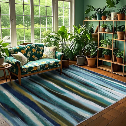 Abstract 5x7 Area Rug, Modern Stripe Pattern Teal Rugs for Living Room, Washable Soft Large Non-Slip Floor Carpet for Dining Room Office Bedroom - Teal/Multi