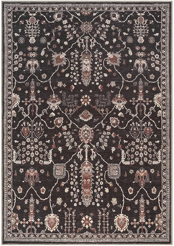 GLN Rugs Traditional Collection - Machine Washable Area Rug, Traditional Washable, Non Slip, Low Pile Chenille Rug, Living Room, Bedroom, Kitchen Rug (3' x 5' Black)