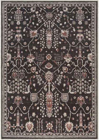 GLN Rugs Traditional Collection - Machine Washable Area Rug, Traditional Washable, Non Slip, Low Pile Chenille Rug, Living Room, Bedroom, Kitchen Rug (3' x 5' Black)