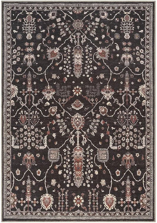 GLN Rugs Traditional Collection - Machine Washable Area Rug, Traditional Washable, Non Slip, Low Pile Chenille Rug, Living Room, Bedroom, Kitchen Rug (5' x 7' Black)