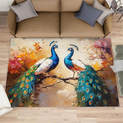 Peacock Rug 6x8-6x8 Rug, Classic Peafowl Floral Area Rugs for Bedroom, Peacock Couples Rugs for Living Room, Oil Painting Art Washable Mat, Aesthetics Carpet - Peafowl Home Decor & Gifts