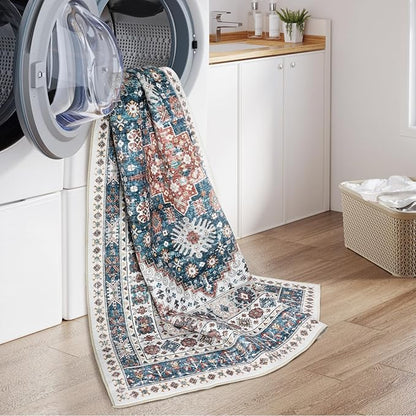 zesthome 8x10 Area Rugs for Living Room,Non-Slip Backing Washable Rugs,Vintage Large Area Rug，Stain Resistant Home Decor Rug (Navy Blue/Red,8'x10')