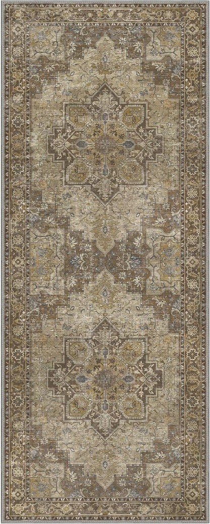 GENIMO 3x7 Runner Rugs for Hallway, Machine Washable Non Slip Vintage Rugs, Low Pile Lightweight Soft Print Rug for enrtyway, Corridor, Home Office, Kitchen, Rustic Brown
