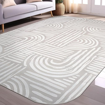 Beverly Rug Modern Geometric Area Rug 8x10 Low-High Pile Durable Soft Abstract Curved Indoor Rugs for Living Dining Room Office Stain Resistant Non Shedding Casual Indoor Carpet Beige White 8 x 10