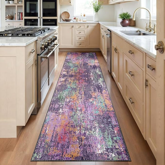 Washable Area Rugs 2'x6' Non-Slip Modern Abstract Soft for Living Room Entryway Bedroom Nursery, Print Pattern, Purple Orange Blue Green Rust Red Colorful