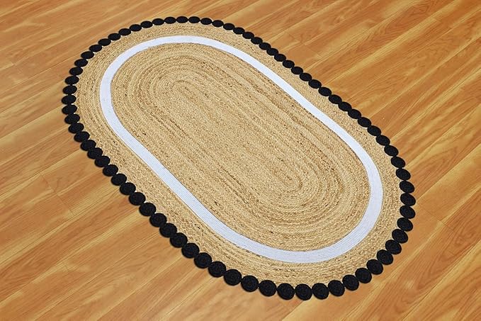 Oval Jute Runner 2x8 Flatweave Kilim Runner Hand Braided Jute Thick 0.27" Solid Pattern Black Beige Natural Oval Handmade Boho Indoor Outdoor Rugs for Kitchen Hallway Enterway